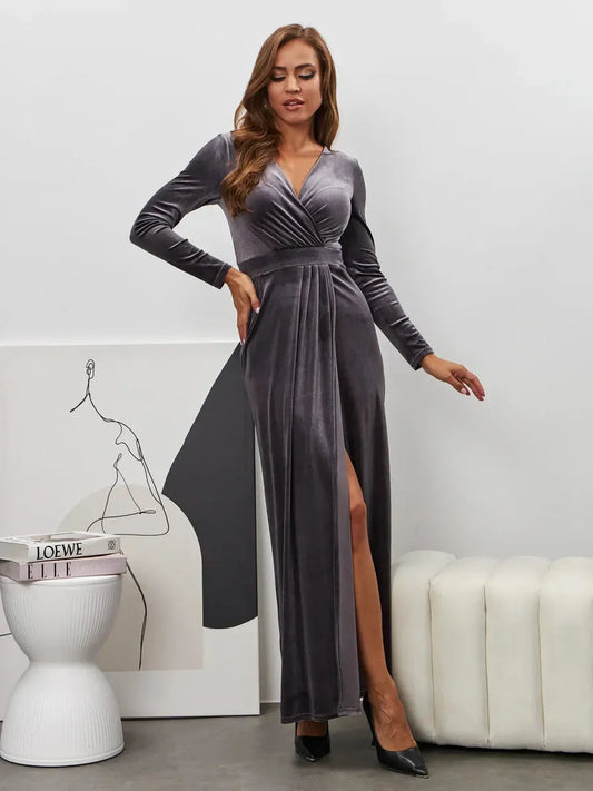 Noir Whisper Maxi Dress in soft graphite velvet with a dramatic slit and deep V-neckline, perfect for eveningwear.