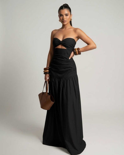 Noira Maxi Dress - Black strapless design, cutout high waist silhouette from Lauven, elegant and modern for all occasions.