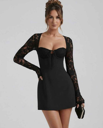 Noire Lace Dress by Lauven - Black Lace Sleeve Mini Dress with Square Neck