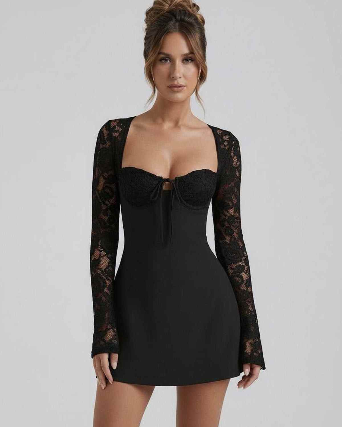 Noire Lace Dress by Lauven - Black Lace Sleeve Mini Dress with Square Neck and fitted silhouette.