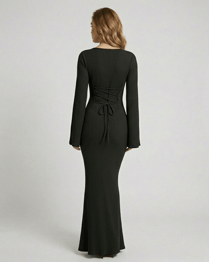 Noiré Maxi Dress back view, featuring ribbed knit, long sleeves, elegant silhouette, by Lauven.