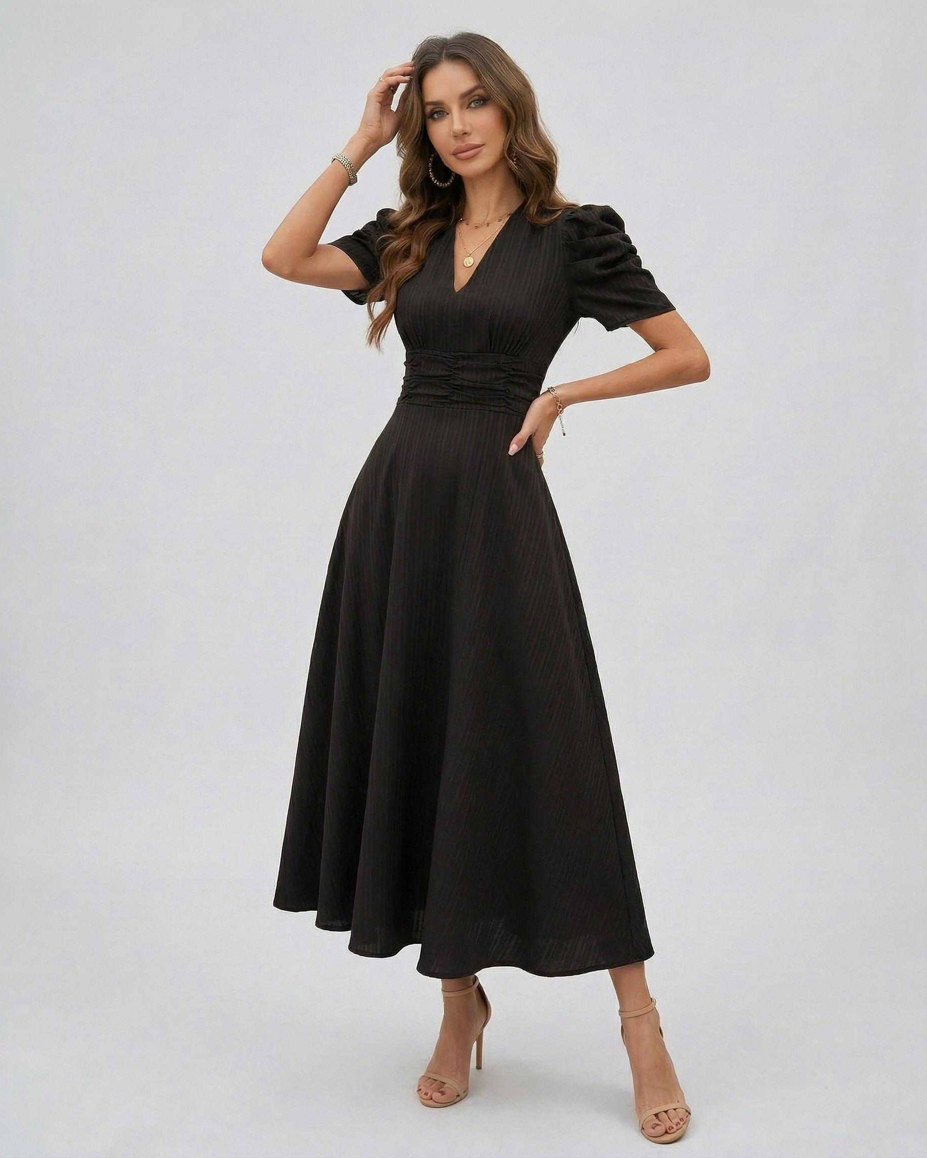 Noire Midi Dress by Lauven, featuring puff sleeves and flattering V-neckline for weddings and elegant occasions.