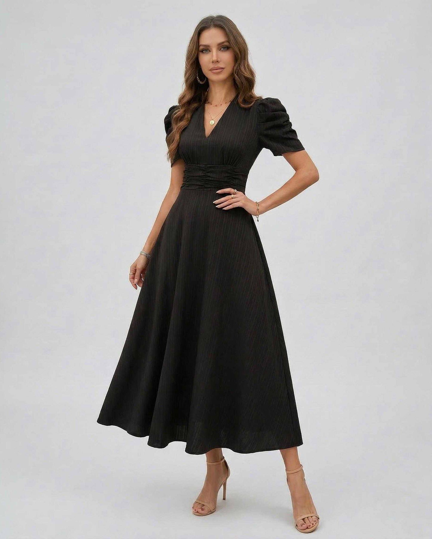 Noire Midi Dress by Lauven - Elegant black midi dress with sleeves, deep V-neckline, flattering ruched waist.