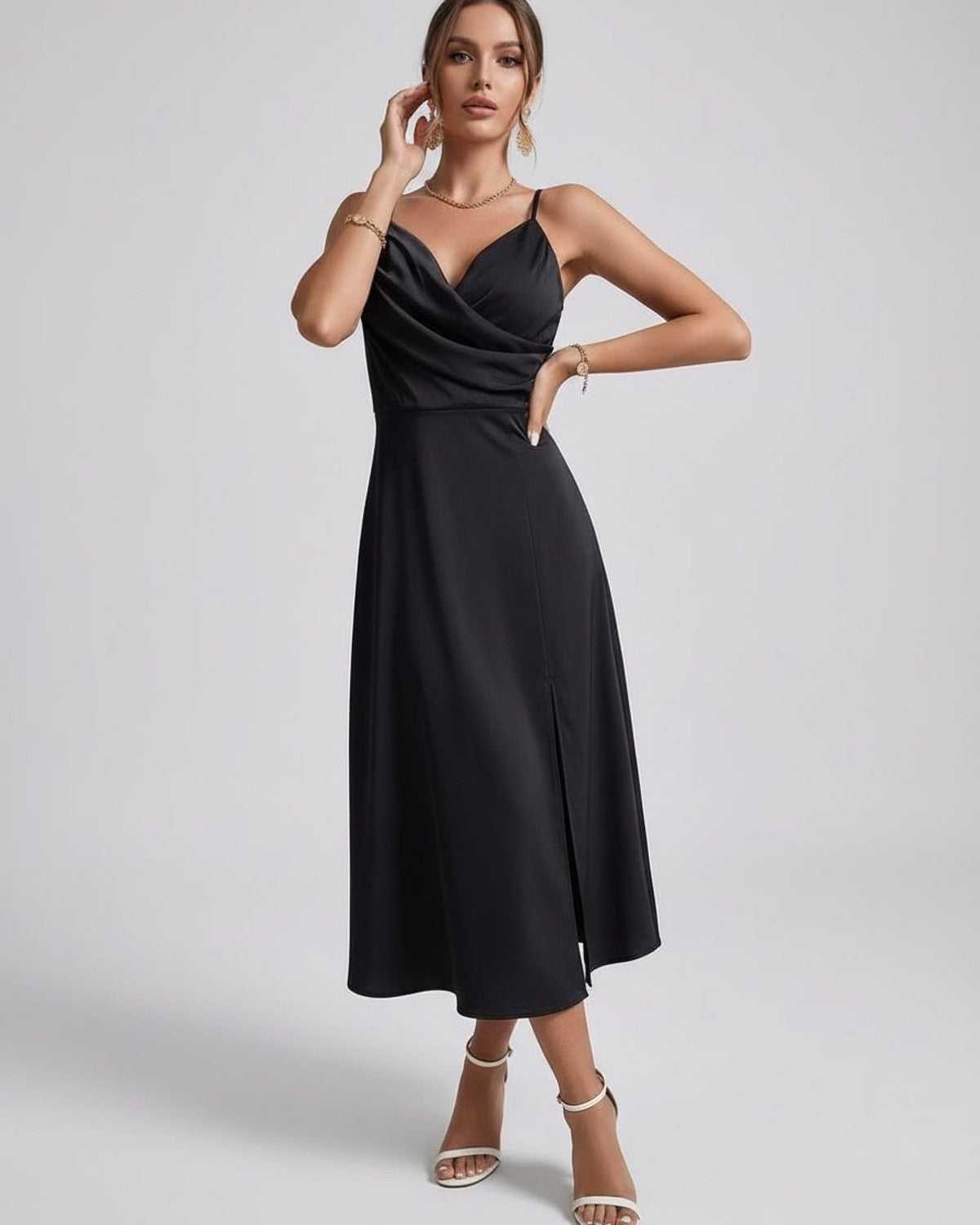 Noiré Midi Dress featuring a sleek silhouette, satin finish, and elegant cowl neck design by Lauven.