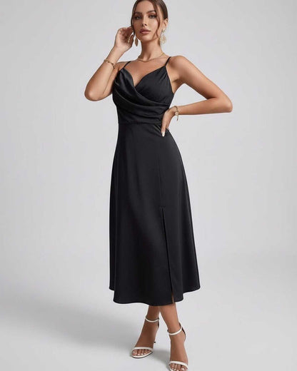 Noiré Midi Dress - Black satin cocktail dress with refined cowl neck and spaghetti straps by Lauven.