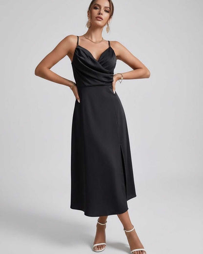 Noiré Midi Dress by Lauven - Elegant black satin dress with spaghetti straps, cowl neck, and refined silhouette.