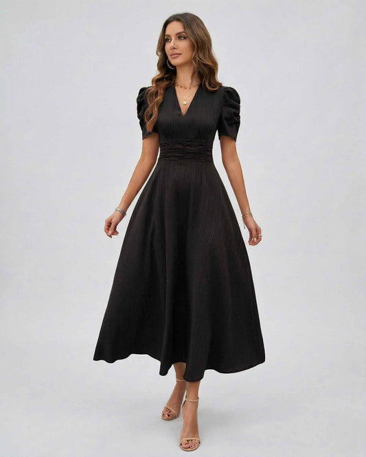 Noire Midi Dress showcasing elegant black fabric, deep V-neck, puff sleeves, perfect for weddings by Lauven.