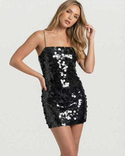 Noiré Mini Dress featuring black sequin embellishments and a bodycon silhouette by Lauven for a sleek evening look.
