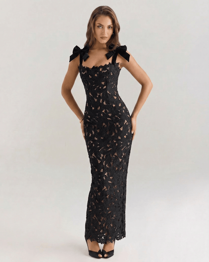 Noirelle Maxi Dress featuring black lace, square neck, structured design by Lauven, perfect for formal events.