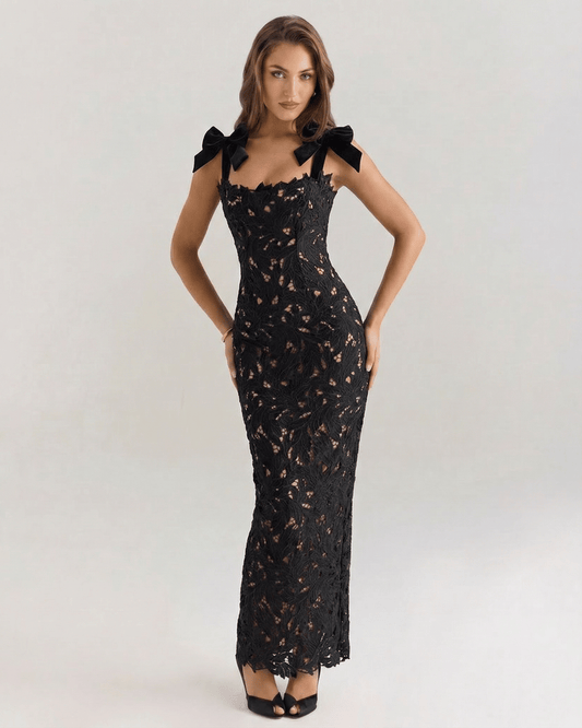 Noirelle Maxi Dress featuring black lace, square neck, structured design by Lauven, perfect for formal events.