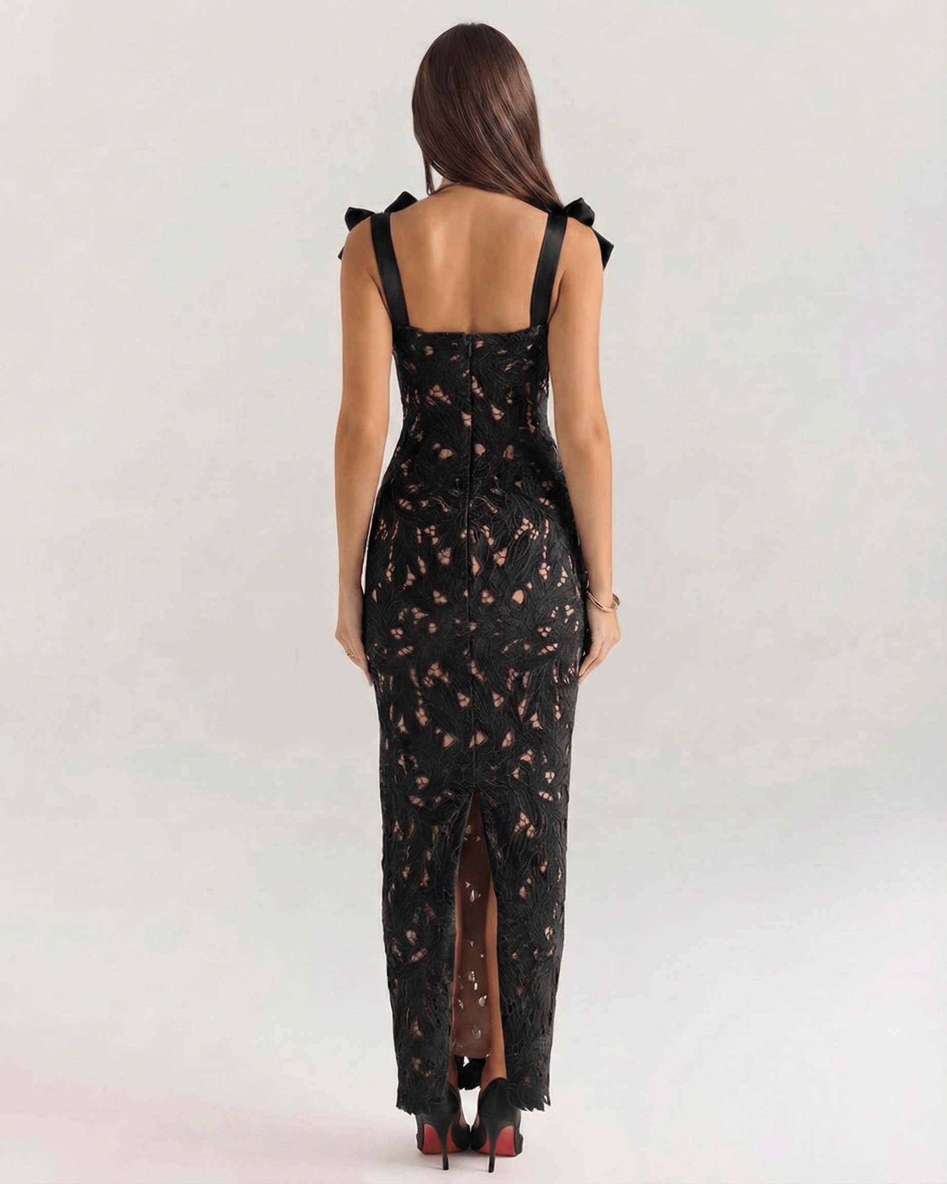 Back view of Lauven Noirelle Maxi Dress, a chic black lace maxi dress with square neckline and tie straps, perfect for formal events.