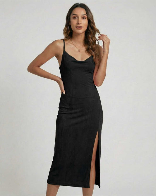 Noirelle Midi Dress by Lauven featuring a cowl neck, sleeveless silhouette, and elegant slit in sleek black fabric.