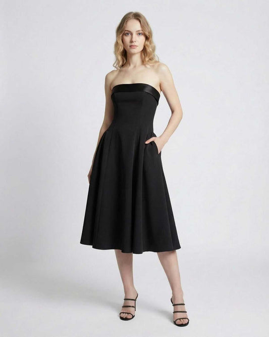 Noirelle Midi Dress by Lauven, strapless high-waist midi dress with pockets, perfect for elegant occasions.