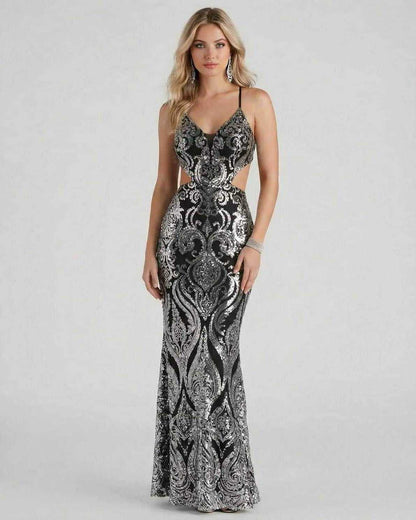 Noirine Maxi Dress by Lauven - Chic black sequin evening gown with a mermaid silhouette and V-neckline.