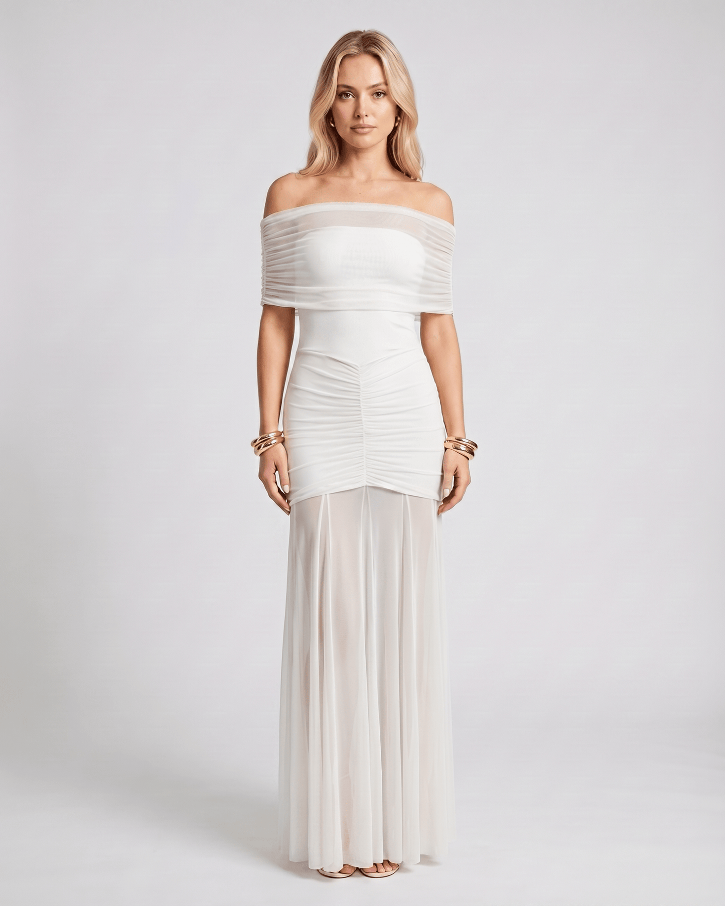 Lauven Noirline Maxi Dress featuring off-shoulder neckline, ruched bodice, and flowing sheer panel, elegant off-shoulder maxi dress.