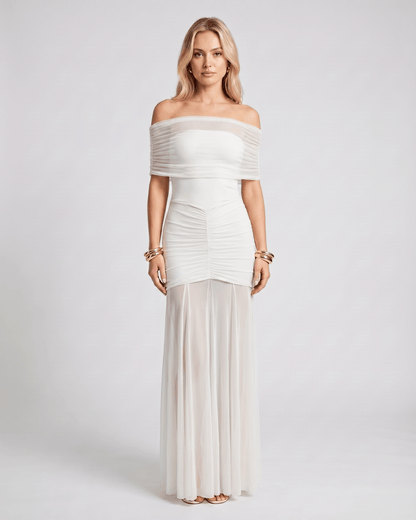Lauven Noirline Maxi Dress featuring off-shoulder neckline, ruched bodice, and flowing sheer panel, elegant off-shoulder maxi dress.