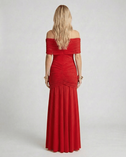 Noirline Maxi Dress, off-shoulder maxi dress, ruched design, elegant movement, Lauven brand.
