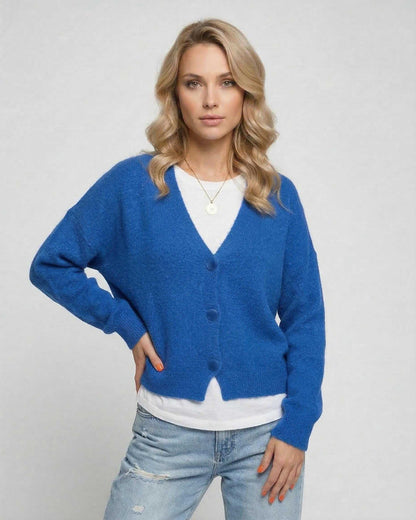 Nova Cardigan by Lauven in vibrant blue, showcasing a casual and stylish look for modern wardrobes.