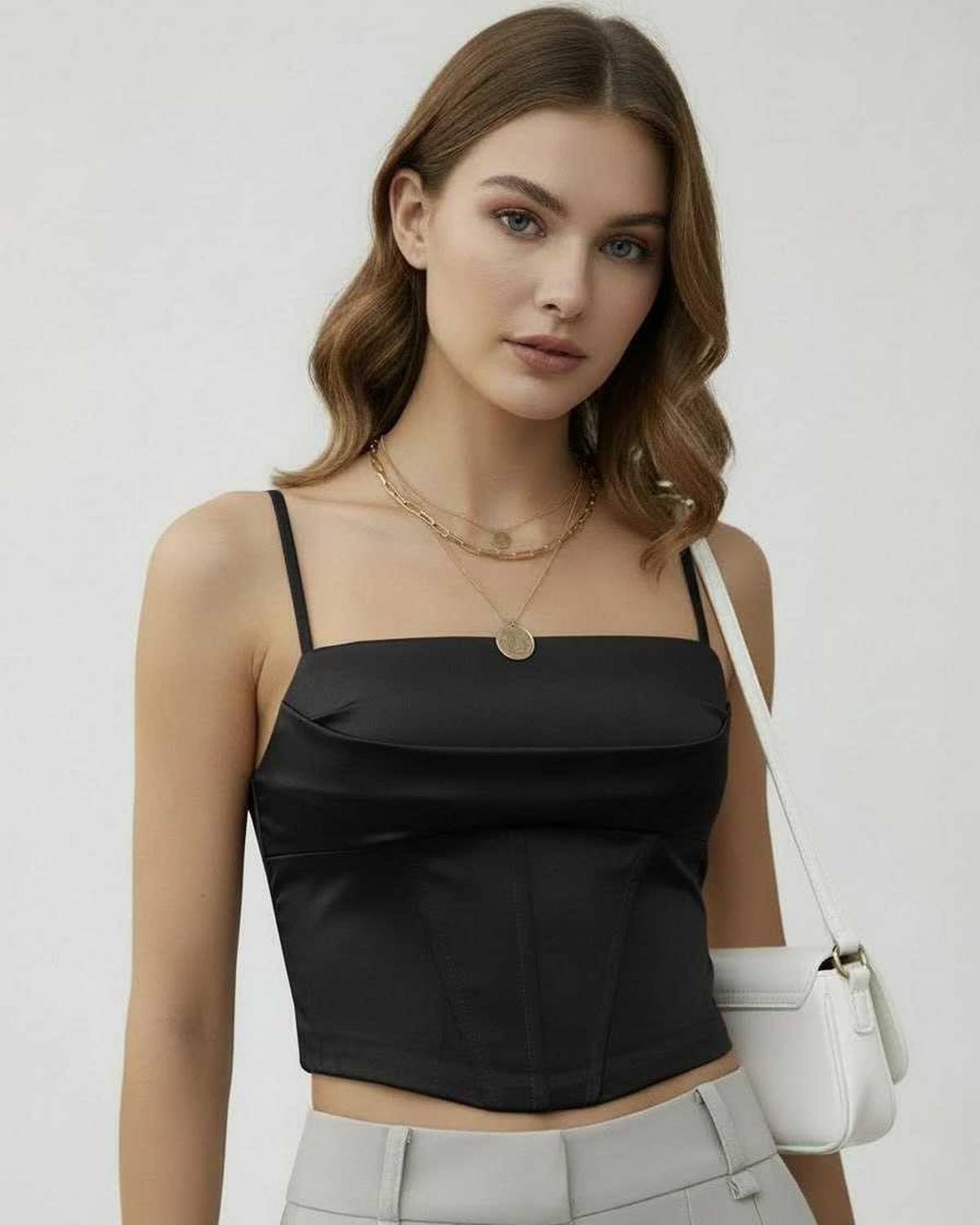Nova Corset Top by Lauven, sleek black satin corset top with structured design and elegant finish.