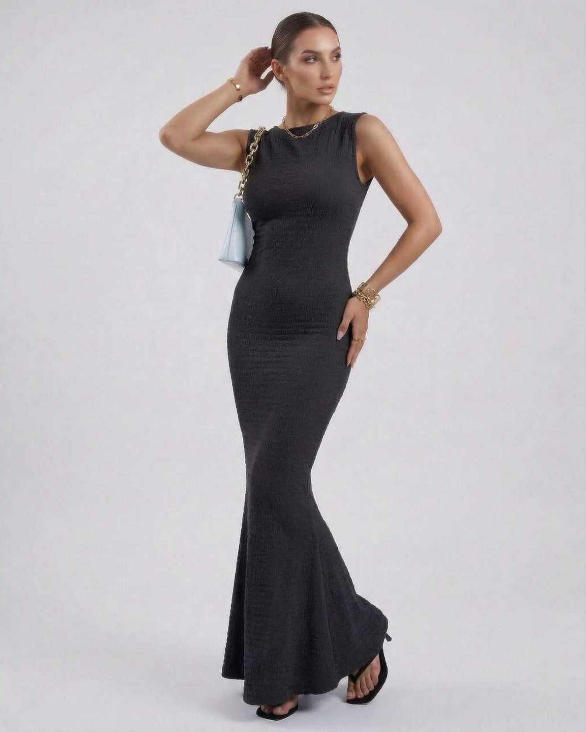 Nova Maxi Dress by Lauven, black sleeveless slim fit dress, ankle-length pencil silhouette.
