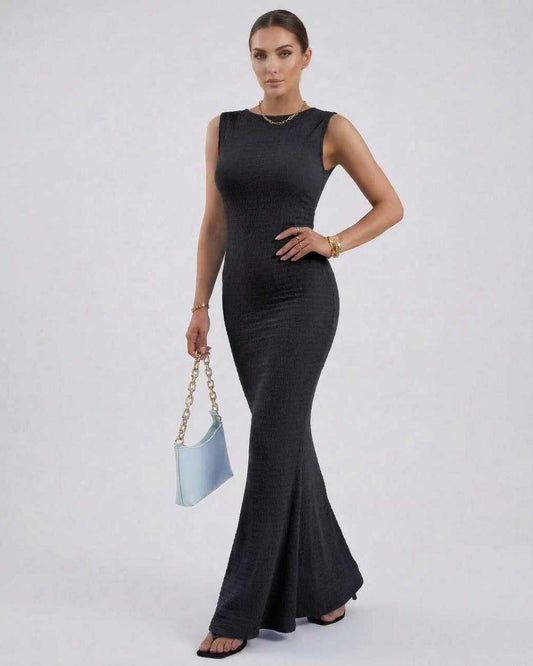 Nova Maxi Dress by Lauven - Black Sleeveless Slim Fit Ankle-Length Pencil Dress showcasing textured fabric.