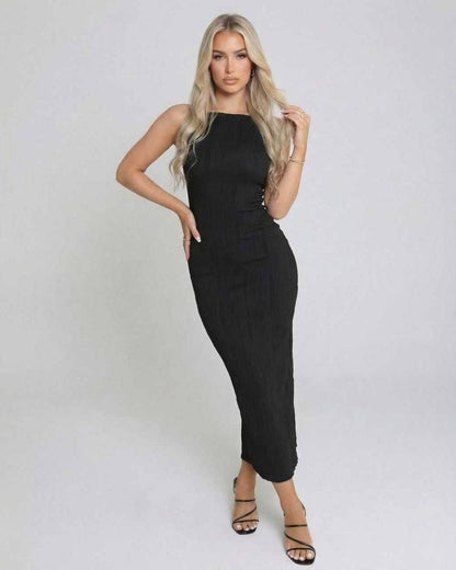 Nova Midi Dress by Lauven - Elegant black sleeveless slim fit dress showcasing modern luxury and comfort.