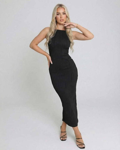Nova Midi Dress by Lauven - Elegant black sleeveless slim fit dress with stylish floor-length silhouette.