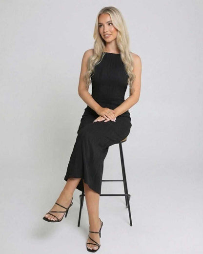 Nova Midi Dress by Lauven - Elegant black sleeveless dress with figure-flattering silhouette.