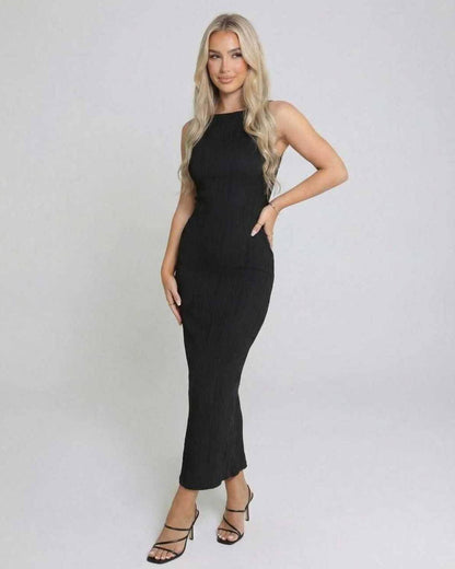Nova Midi Dress by Lauven - Elegant black sleeveless slim fit dress with a stylish silhouette.