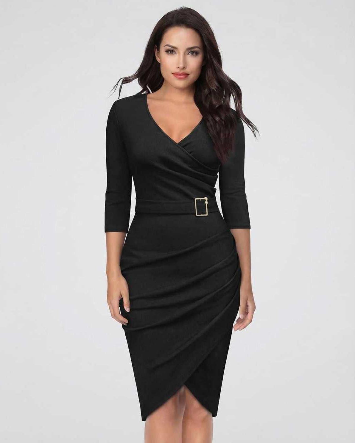 Nova Midi Dress by Lauven - Elegant solid black V-neck sheath dress with three-quarter sleeves.