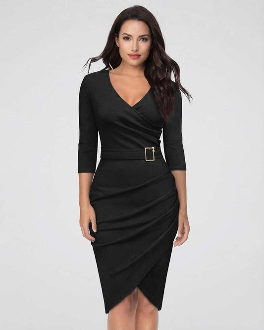 Nova Midi Dress by Lauven - Elegant solid black V-neck sheath dress with three-quarter sleeves.