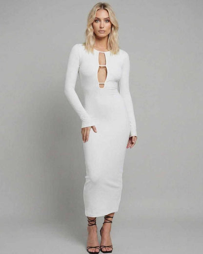 Nova Midi Dress by Lauven featuring elegant cut-out design and figure-hugging silhouette in white.