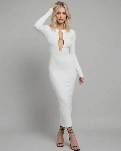 Lauven Nova Midi Dress with elegant cut-out design, showcasing a sleek silhouette and long sleeves.