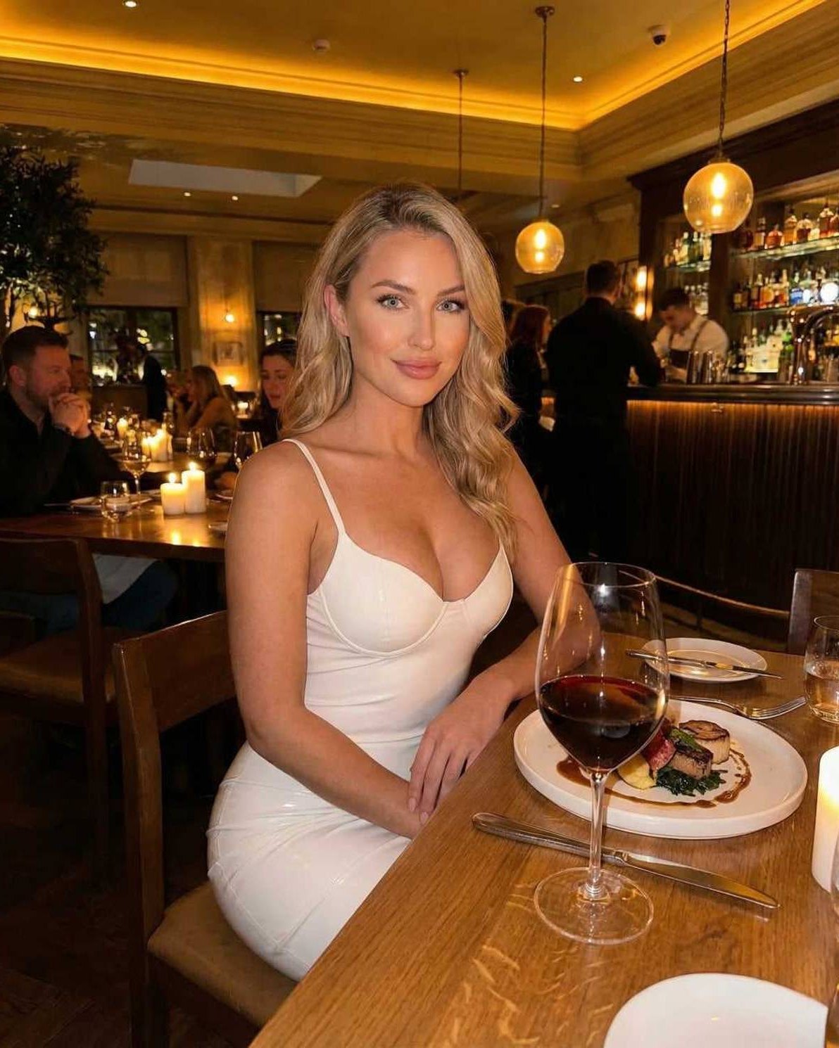 Elegant woman wearing the Nova Midi Dress by Lauven in a classy restaurant setting, showcasing style and sophistication.