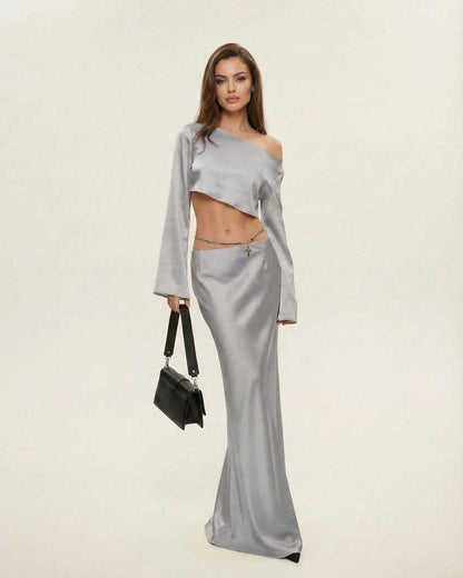 Nova Midi Dress by Lauven, featuring elegant asymmetrical design in sleek silver for modern style and comfort.