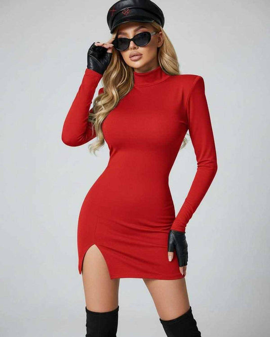 Nova Mini Dress by Lauven in vibrant red, high-neck bodycon with structured shoulder pads and side slit.