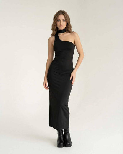 Nyra Midi Dress - Black bodycon halter neck dress by Lauven, perfect for evening wear and after-dark styling.