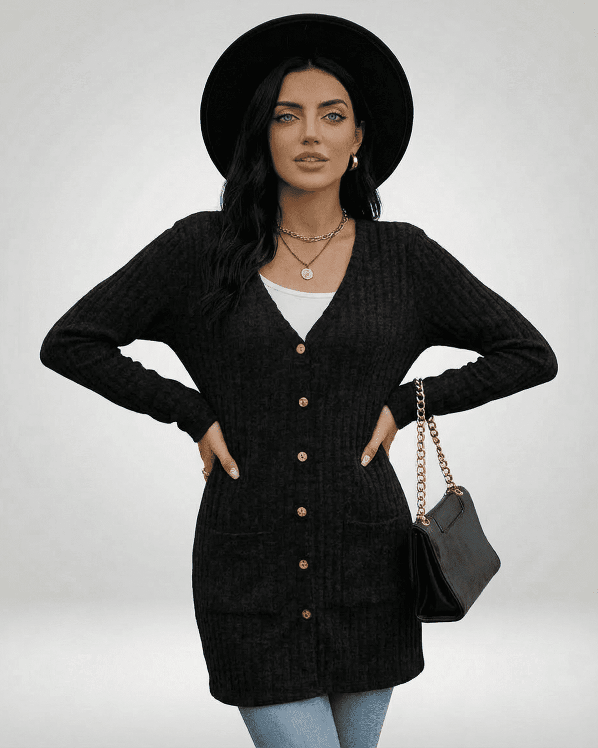 Nyx Cardigan by Lauven featuring a longline button-front design, V-neckline, and textured knit.