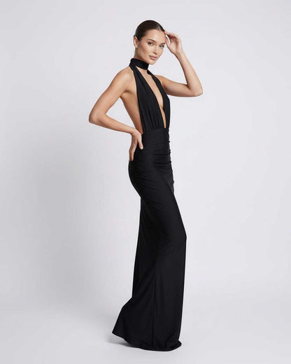 Nyx Maxi Dress - Black Halter Maxi Dress with Deep Plunge and Open Back by Lauven, offering sleek elegance and style.