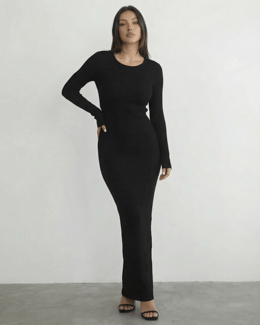 Nyx Maxi Dress by Lauven - Long sleeve black dress featuring a sleek pencil silhouette and open back detail.
