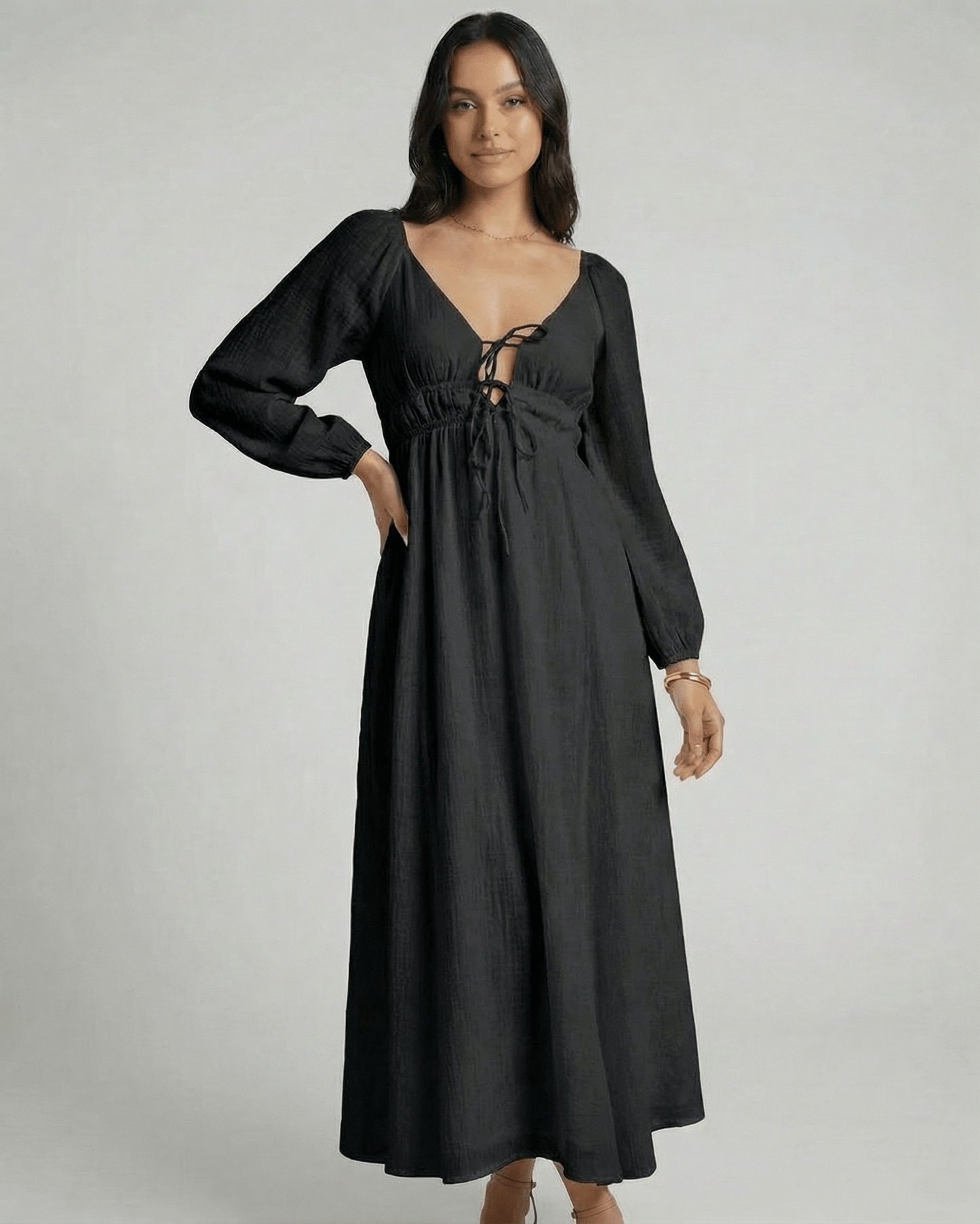 Nyxara Maxi Dress by Lauven - Black ankle-length dress with V-neck and empire waist design.
