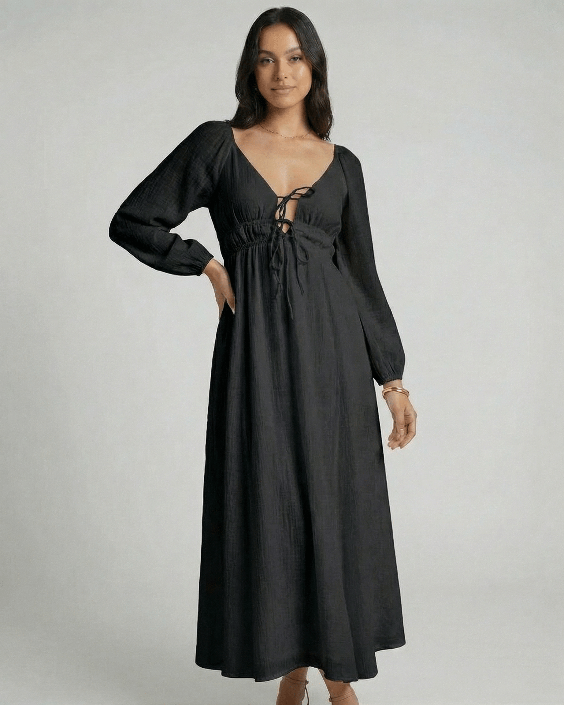Nyxara Maxi Dress by Lauven - Black ankle-length dress with V-neck and empire waist design.