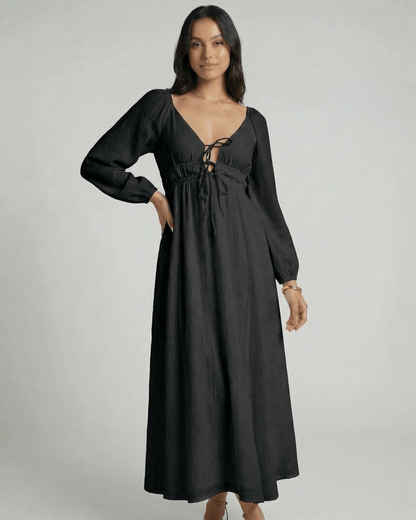 Nyxara Maxi Dress by Lauven - Black ankle-length dress with V-neck and empire waist design.