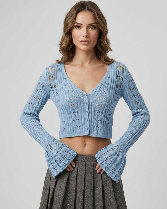 Oberon Cardigan featuring a blue cropped silhouette and openwork knit texture by Lauven, perfect for seasonal styling.