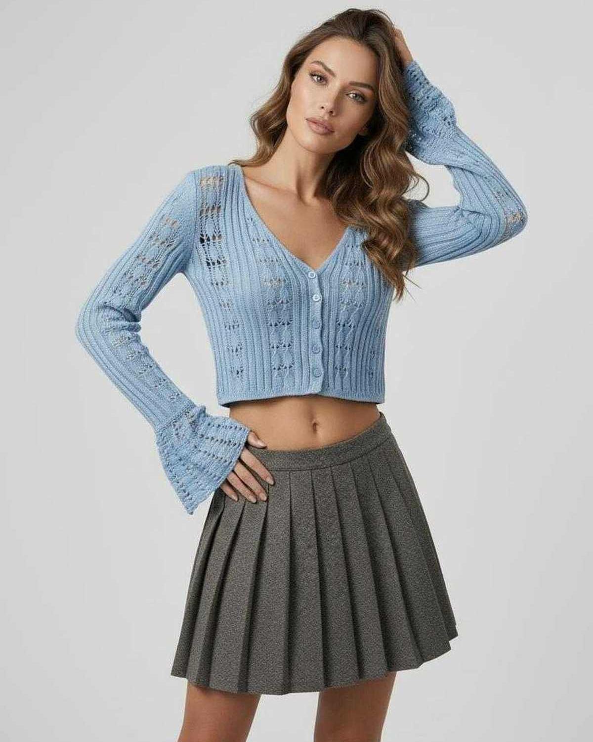 Oberon Cardigan blue cropped sweater by Lauven, featuring openwork knit texture for a polished, versatile look.