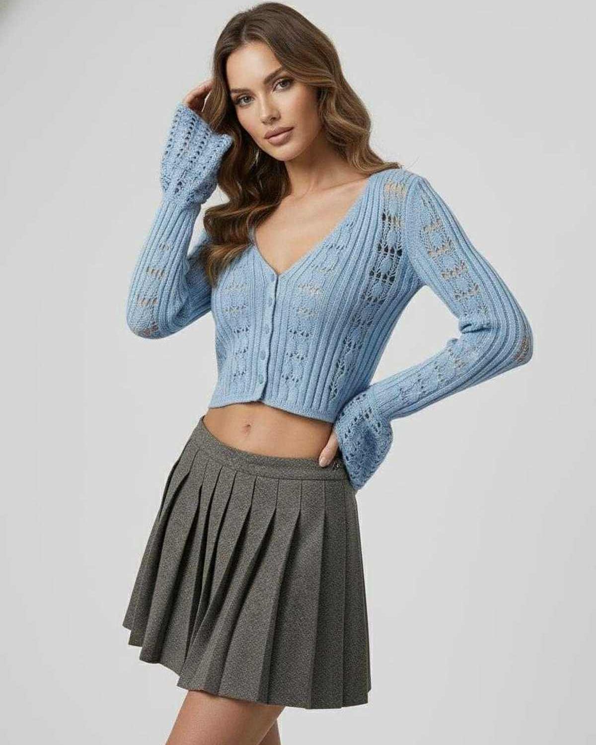 Oberon Cardigan, blue cropped cardigan sweater, openwork knit, elegant everyday layering, from Lauven.