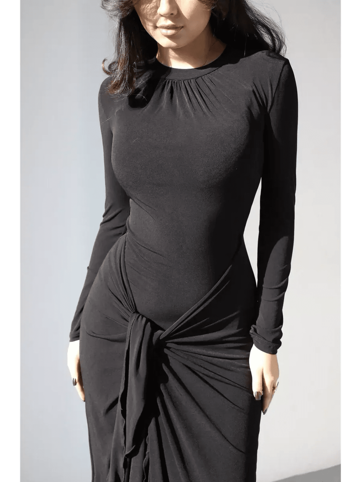 Obsidian Drape Maxi Dress showcasing a sculpting fit and fluid drape with gathered high neckline and knot detail.