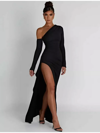 Obsidian Grace Maxi Dress featuring a one-shoulder design and daring side slit for a sophisticated and elegant look.