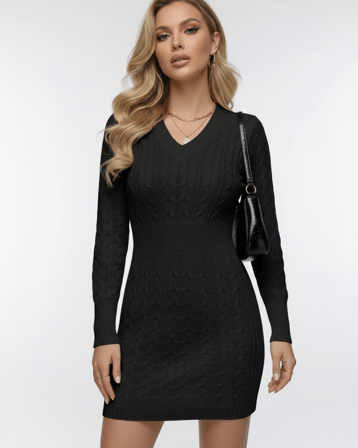 Obsidian Mini Dress by Lauven, sleek cable knit V-neck dress with elastic waist in black.