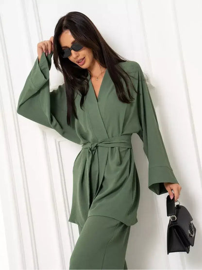 Olive Suit Set by Lauven - Elegant oversized two-piece set in soft green, showcasing modern sophistication and comfort.
